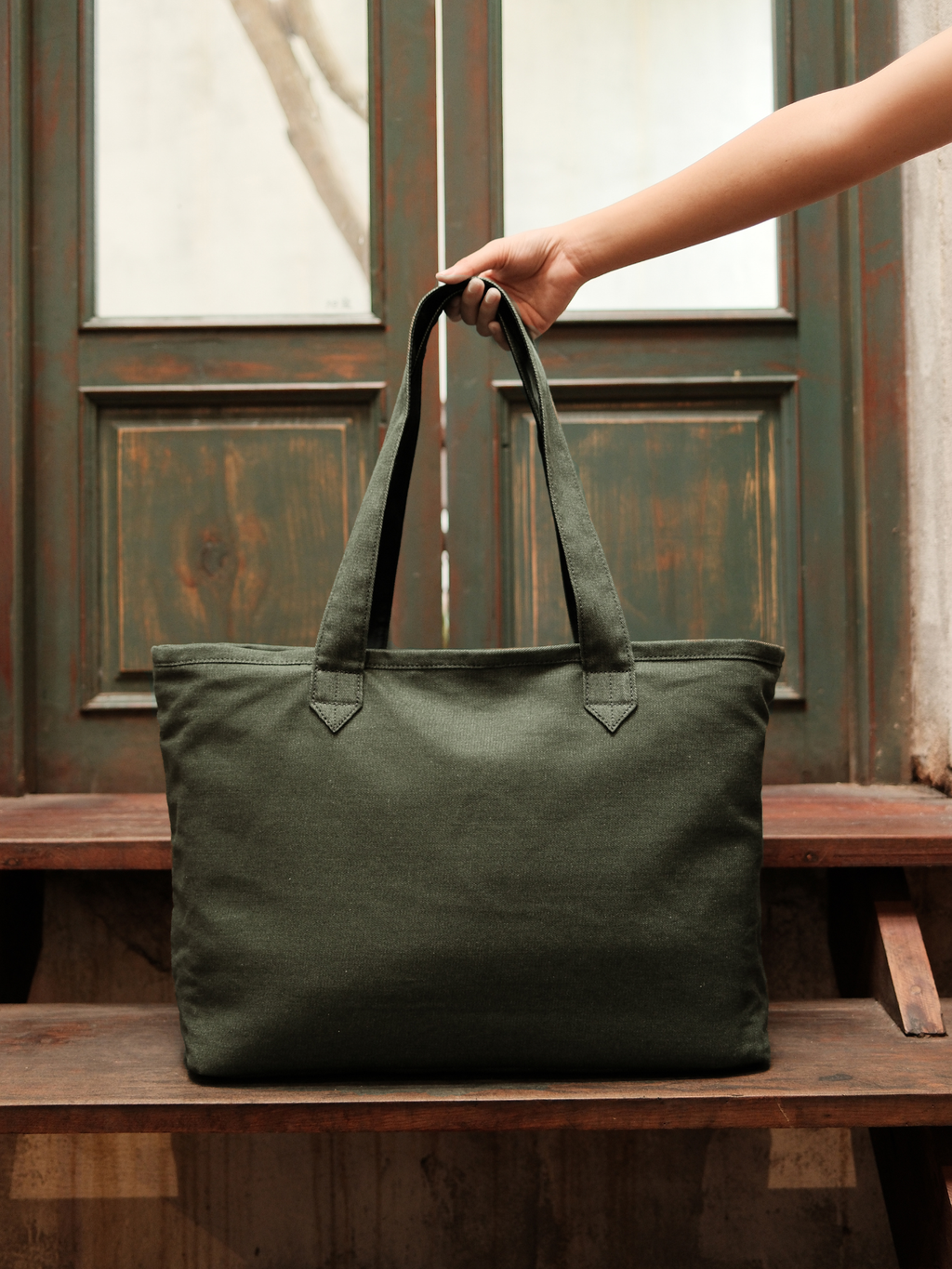 Wide Tote – Moss Green Denim – Large
