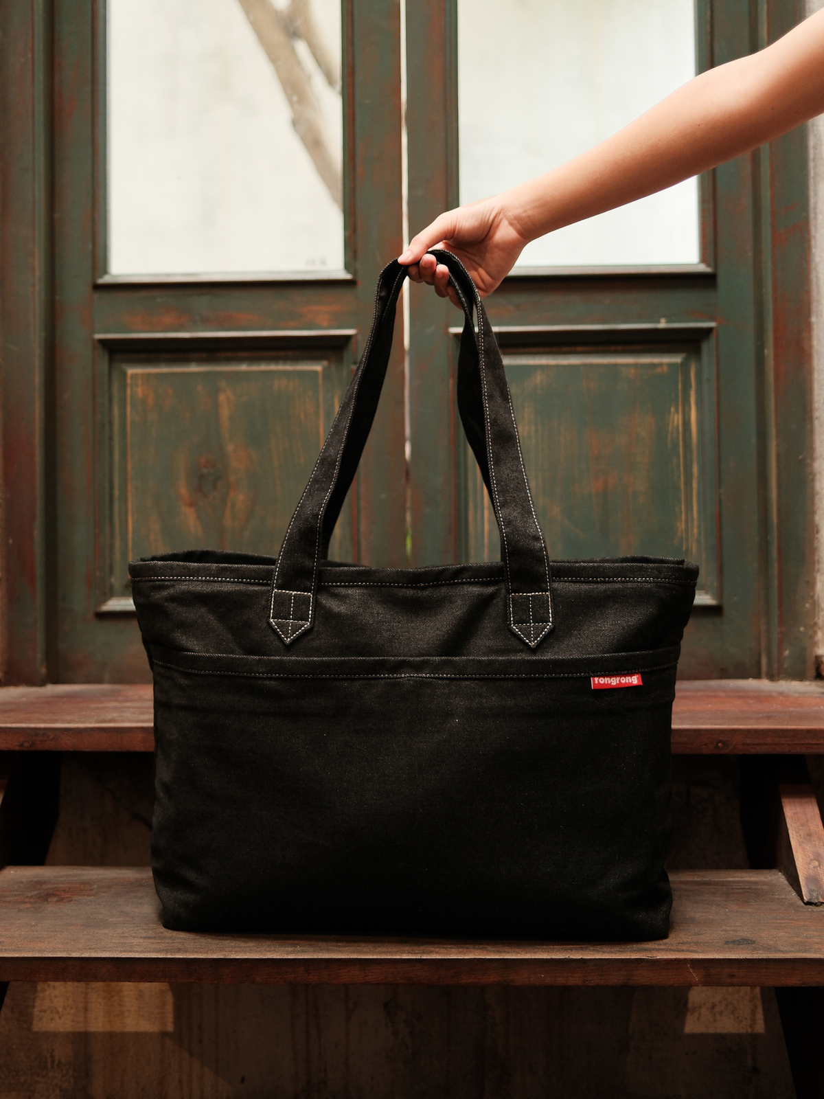 Wide Tote – Black Denim – Large