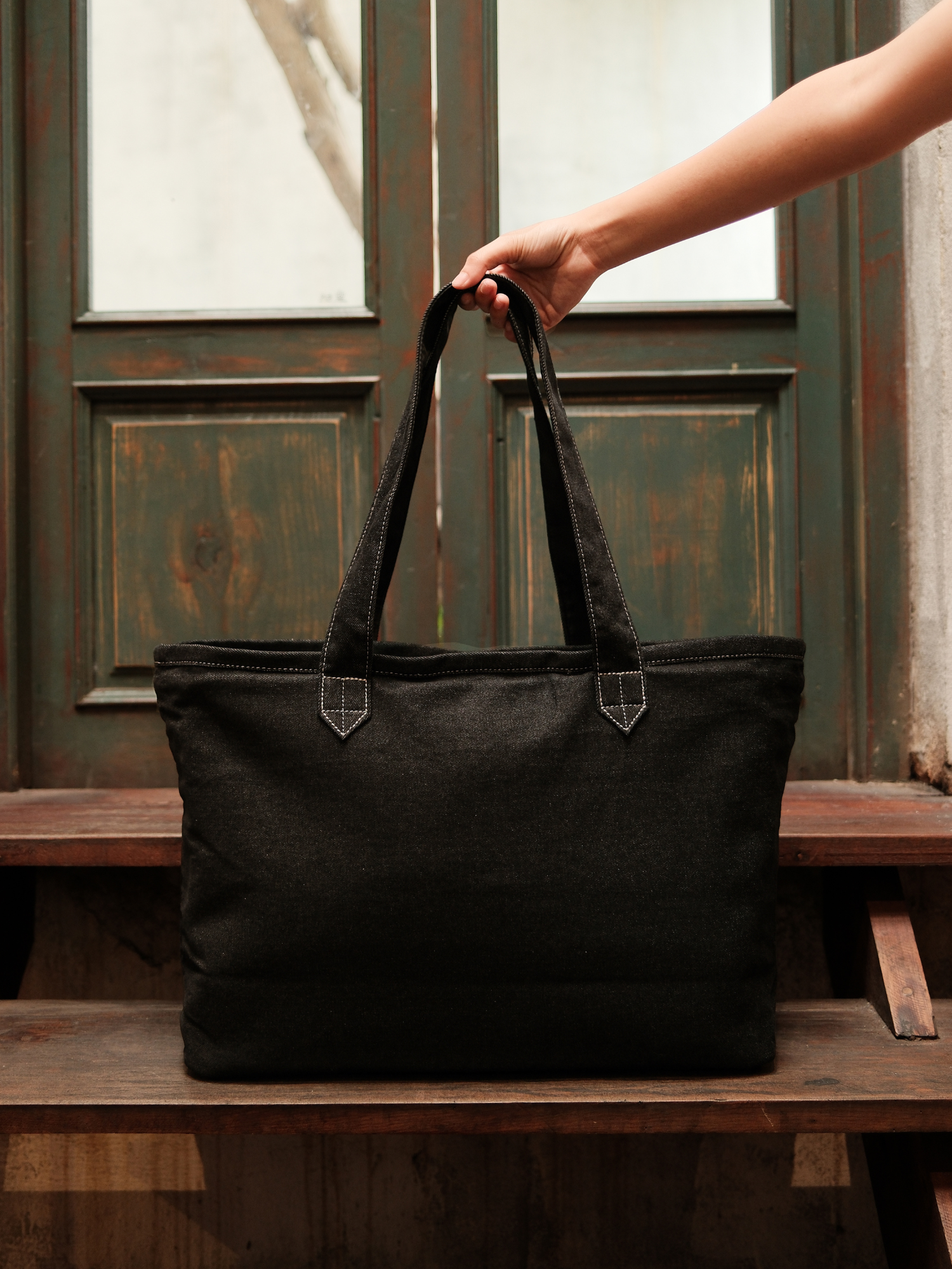 Wide Tote – Black Denim – Large