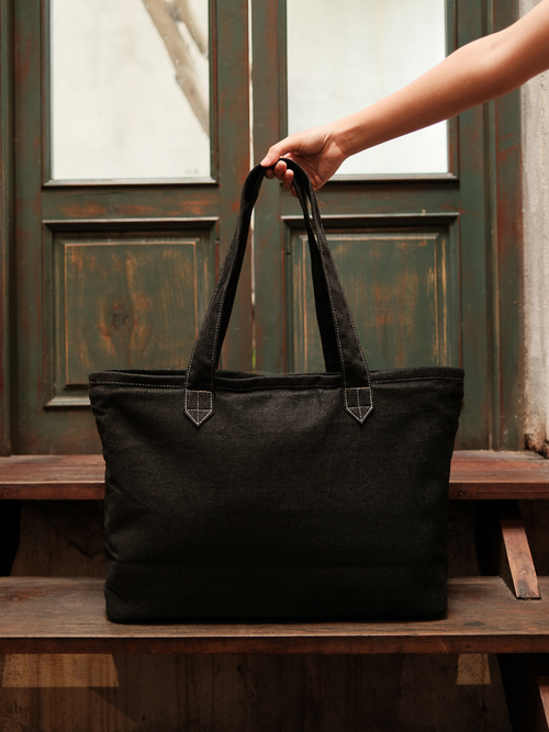 Wide Tote – Black Denim – Large