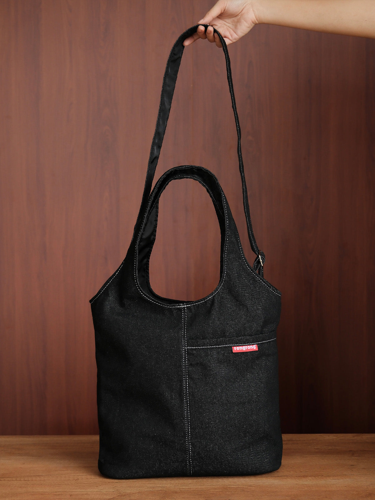 Curved Tote - Black Denim - Medium