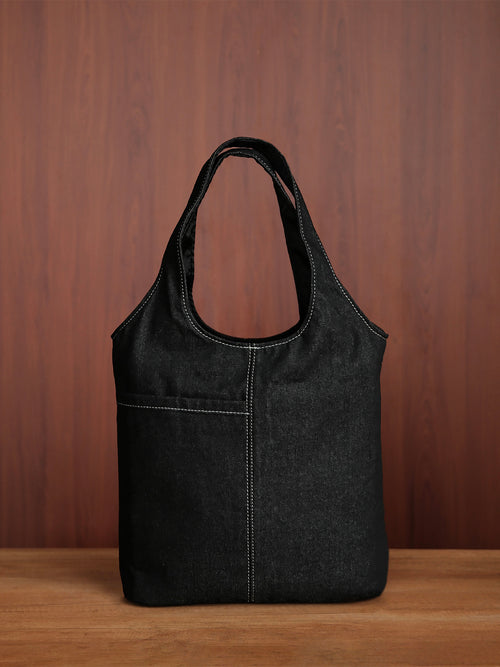 Curved Tote - Black Denim - Medium